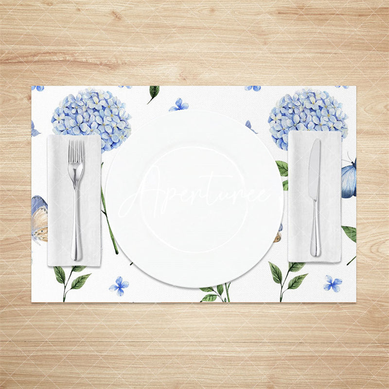 Aperturee - Blue Floral Butterfly Leaf Dining Set Of 4 Placemats