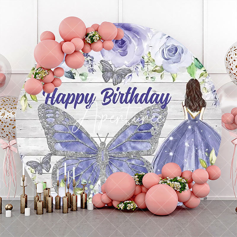 Aperturee - Blue Floral Butterfly Wooden Round Birthday Backdrop