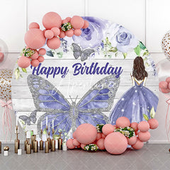 Aperturee - Blue Floral Butterfly Wooden Round Birthday Backdrop