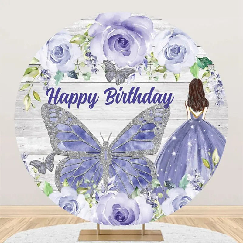 Aperturee - Blue Floral Butterfly Wooden Round Birthday Backdrop