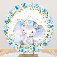 Aperturee - Blue Floral Elephant Cute Round Baby Shower Backdrop