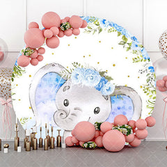 Aperturee - Blue Floral Elephant Cute Round Baby Shower Backdrop