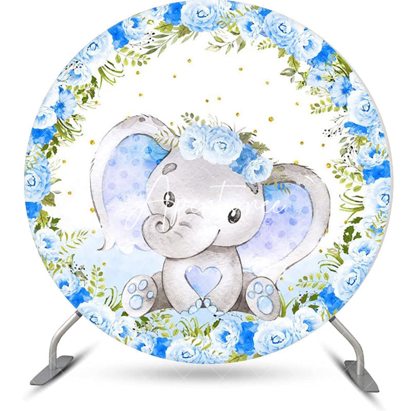 Aperturee - Blue Floral Elephant Cute Round Baby Shower Backdrop