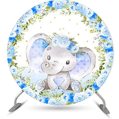 Aperturee - Blue Floral Elephant Cute Round Baby Shower Backdrop