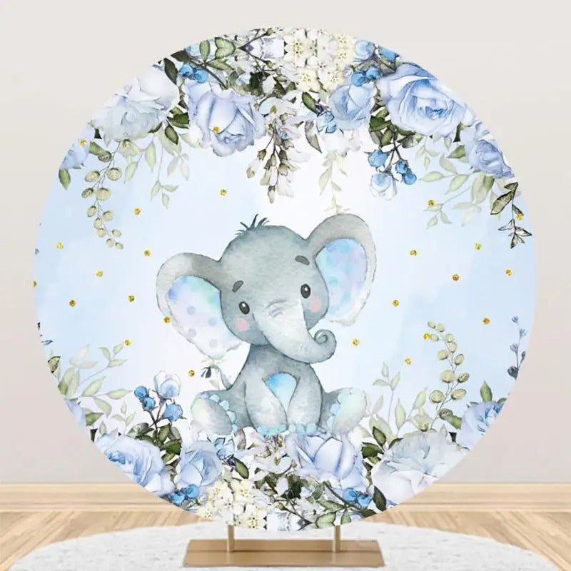 Aperturee - Blue Floral Elephant Leaf Round Baby Shower Backdrop