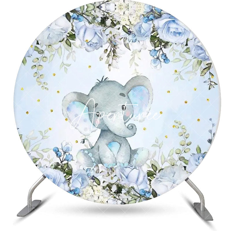 Aperturee - Blue Floral Elephant Leaf Round Baby Shower Backdrop