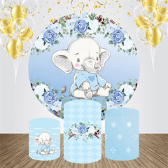 Aperturee - Blue Floral Elephant Round Baby Shower Backdrop Kit