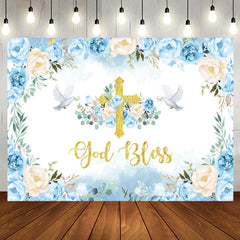 Aperturee - Blue Floral God Bless Pigeon Baptism Backdrop