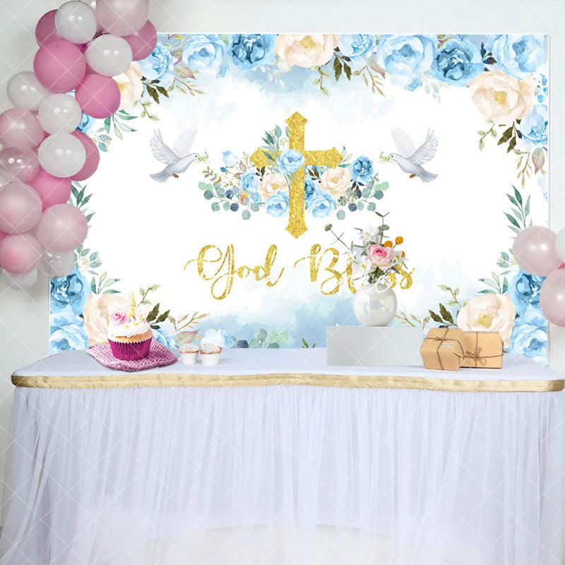 Aperturee - Blue Floral God Bless Pigeon Baptism Backdrop