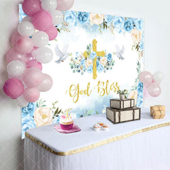 Aperturee - Blue Floral God Bless Pigeon Baptism Backdrop