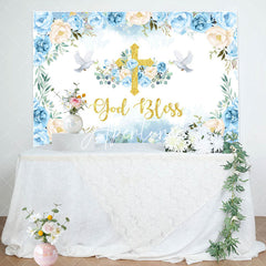 Aperturee - Blue Floral God Bless Pigeon Baptism Backdrop