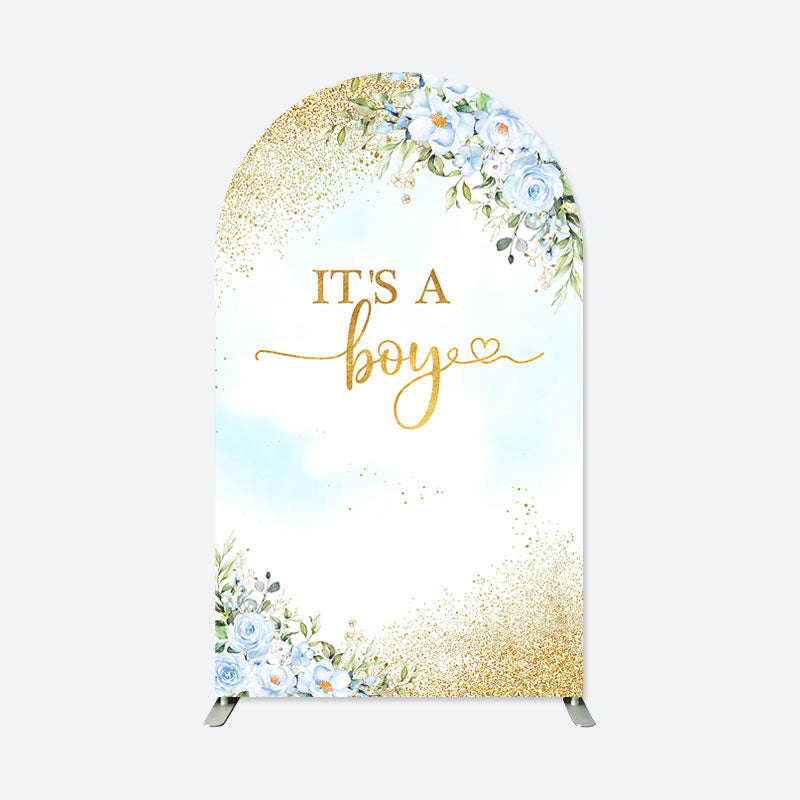 Aperturee - Blue Floral Gold Baby Shower Boy Party Arch Backdrop