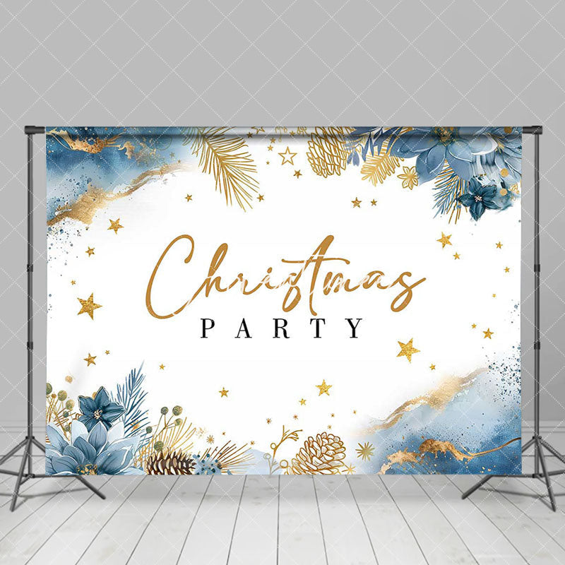 Aperturee - Blue Floral Gold Star Merry Christmas Party Backdrop