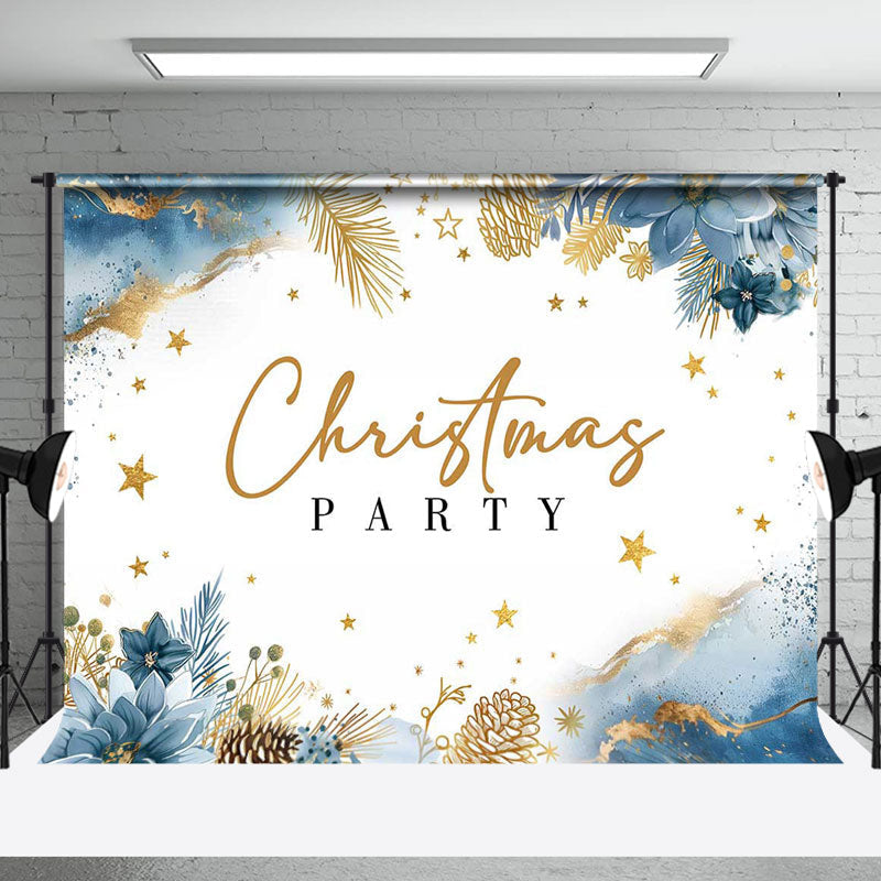 Aperturee - Blue Floral Gold Star Merry Christmas Party Backdrop