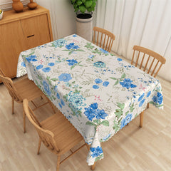 Aperturee - Blue Floral Green Leaves Spring Rectangle Tablecloth