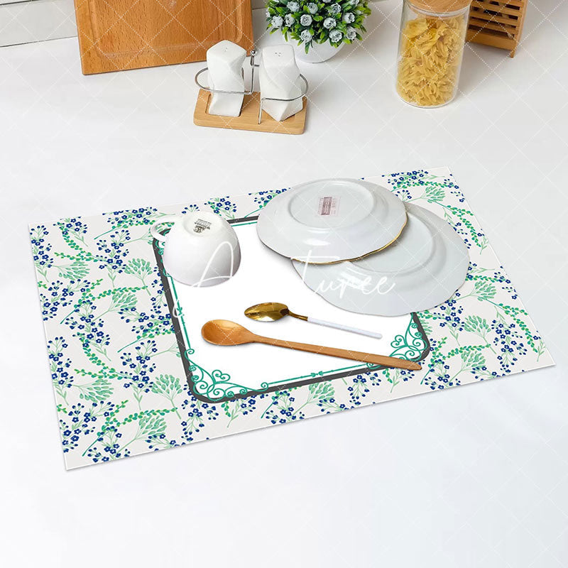 Aperturee - Blue Floral Green Leaves Spring Set Of 4 Placemats