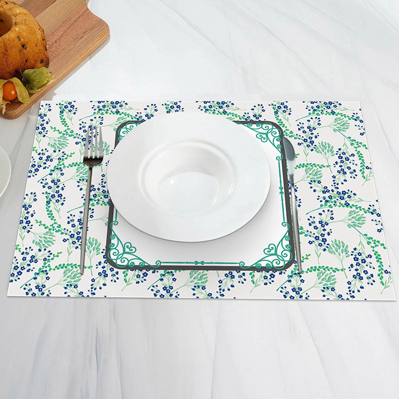 Aperturee - Blue Floral Green Leaves Spring Set Of 4 Placemats