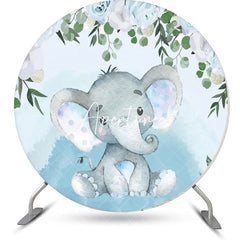 Aperturee - Blue Floral Leaf Elephant Round Baby Shower Backdrop