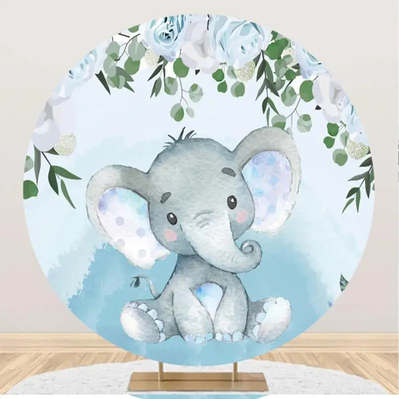 Aperturee - Blue Floral Leaf Elephant Round Baby Shower Backdrop