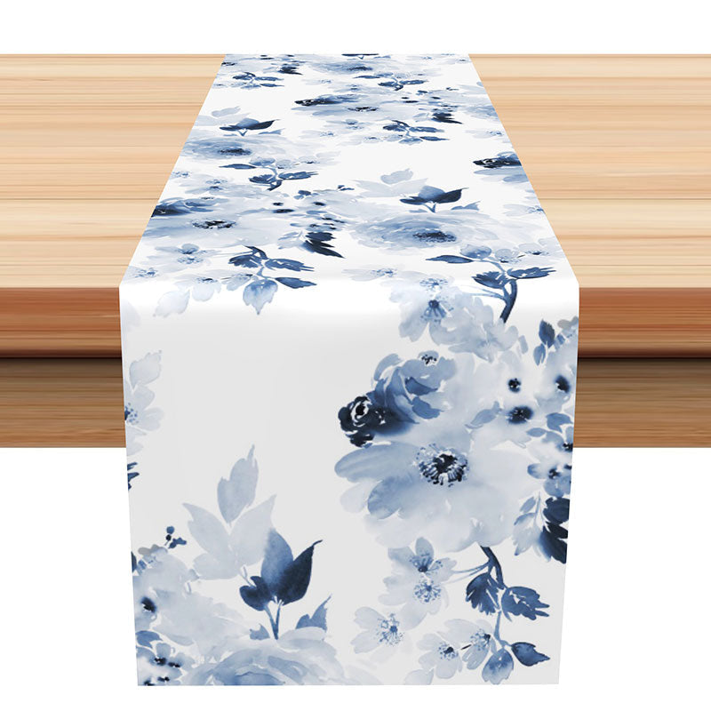 Aperturee - Blue Floral Leaves Watercolor Fabric Table Runner