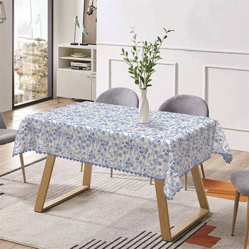 Aperturee - Blue Floral Plant Print Retro Rectangle Tablecloth