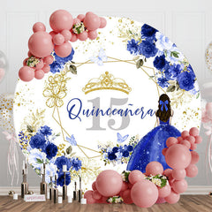 Aperturee - Blue Floral Quinceanera Round 15th Birthday Backdrop