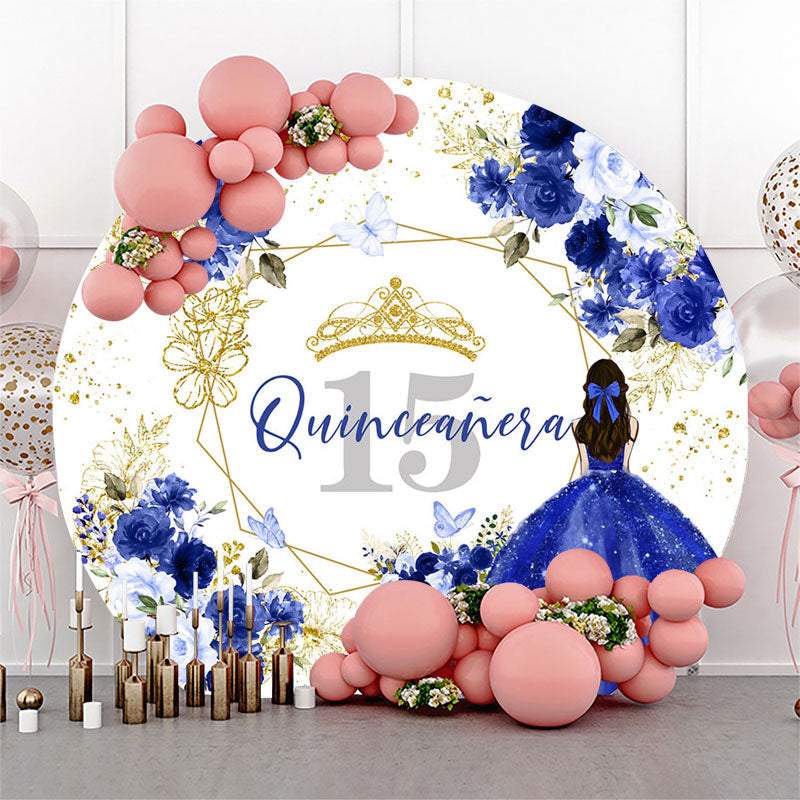 Aperturee - Blue Floral Quinceanera Round 15th Birthday Backdrop