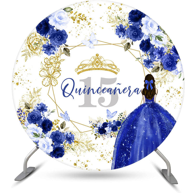 Aperturee - Blue Floral Quinceanera Round 15th Birthday Backdrop