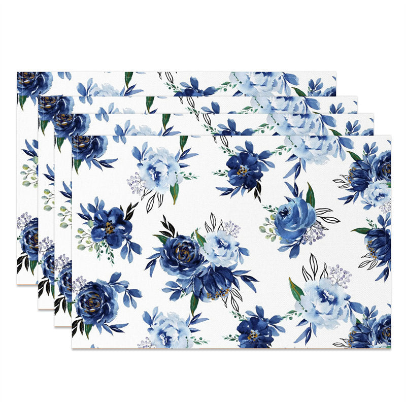 Aperturee - Blue Floral Seamless Leaf Dining Set Of 4 Placemats