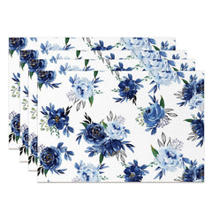 Aperturee - Blue Floral Seamless Leaf Dining Set Of 4 Placemats