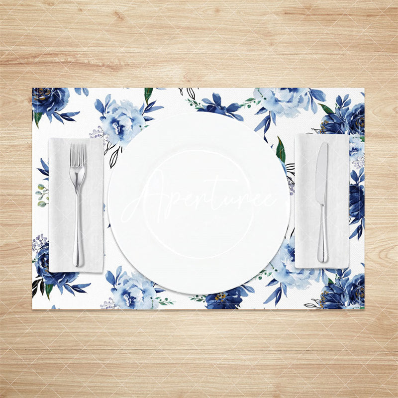 Aperturee - Blue Floral Seamless Leaf Dining Set Of 4 Placemats