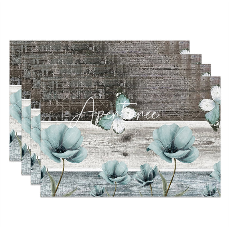 Aperturee - Blue Floral Vintage Wood Grain Set Of 4 Placemats