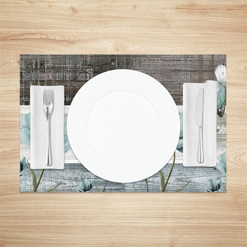 Aperturee - Blue Floral Vintage Wood Grain Set Of 4 Placemats