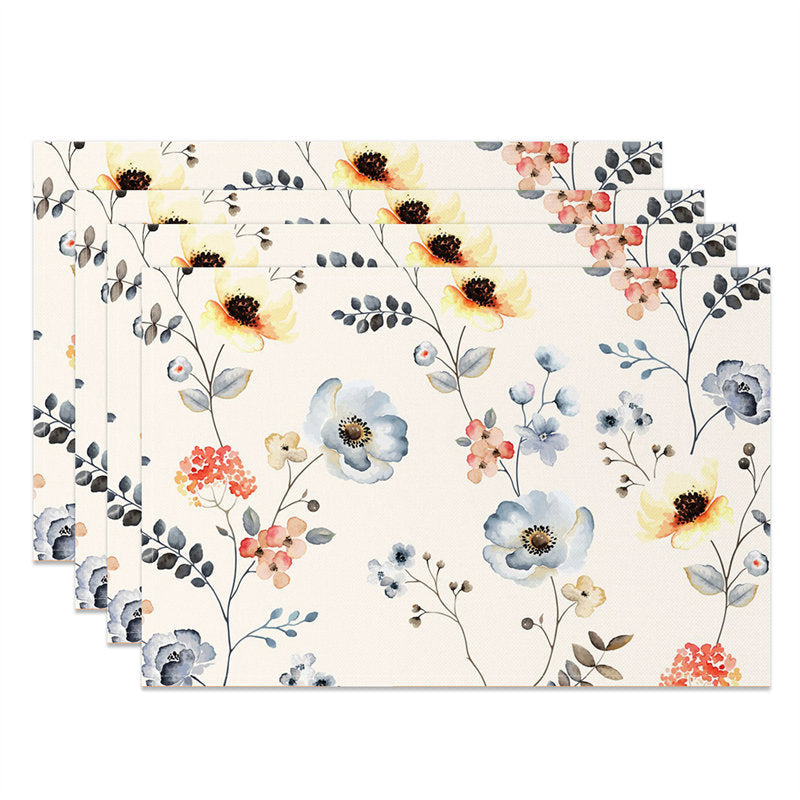 Aperturee - Blue Floral Watercolor Leaves Set Of 4 Placemats