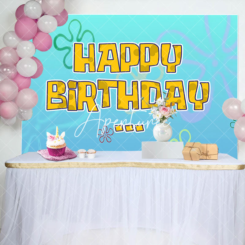 Aperturee - Blue Floral Yellow Happy Birthday Party Backdrop