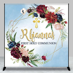 Aperturee - Blue Flower Wreath Custom First Holy Communion Backdrop