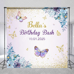 Aperturee - Blue Flowers Butterflies Custom Birthday Backdrop