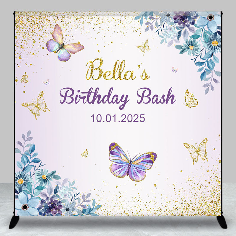 Aperturee - Blue Flowers Butterflies Custom Birthday Backdrop