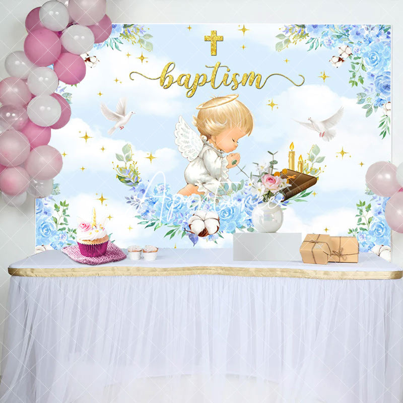 Aperturee - Blue Flowers Cross Angle Baptism Backdrop For Boy