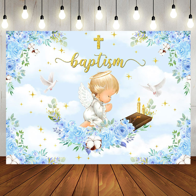 Aperturee - Blue Flowers Cross Angle Baptism Backdrop For Boy