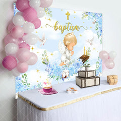 Aperturee - Blue Flowers Cross Angle Baptism Backdrop For Boy