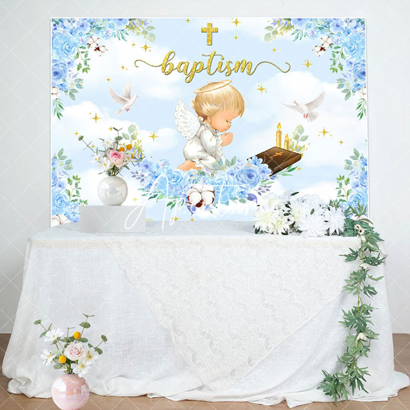 Aperturee - Blue Flowers Cross Angle Baptism Backdrop For Boy