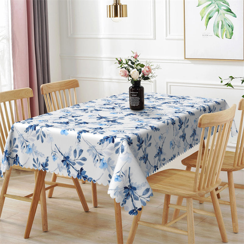 Aperturee - Blue Flowers Leaves Repeat Rectangle Tablecloth