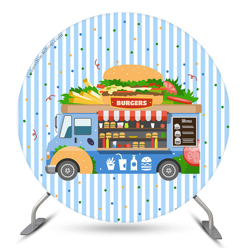 Aperturee Blue Food Truck Burgers Round Birthday Backdrop