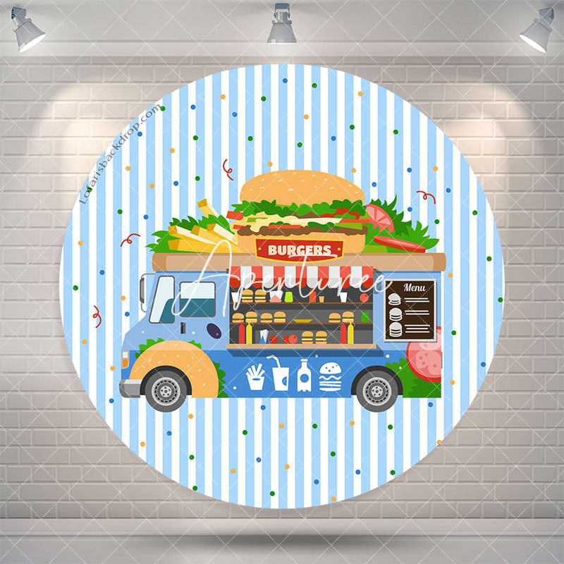 Aperturee Blue Food Truck Burgers Round Birthday Backdrop