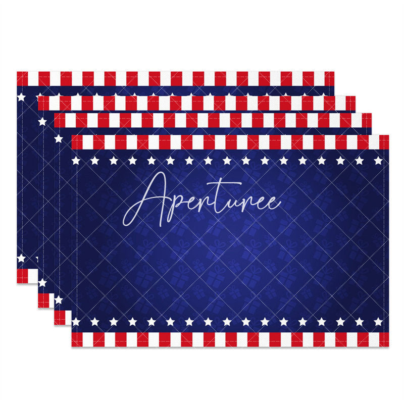 Aperturee - Blue Gift Print Red Stripe Star Set Of 4 Placemats