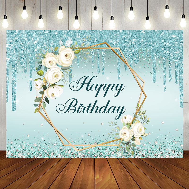 Aperturee - Blue Glitter And Floral Happy Birthday Party Backdrop