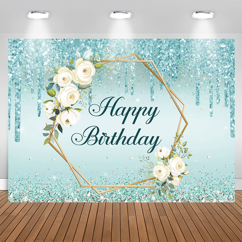 Aperturee - Blue Glitter And Floral Happy Birthday Party Backdrop