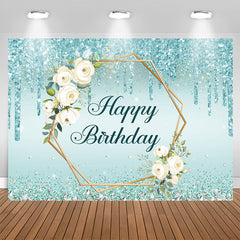 Aperturee - Blue Glitter And Floral Happy Birthday Party Backdrop