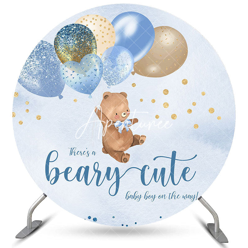 Aperturee Blue Glitter Balloons Bear Round Baby Shower Backdrop